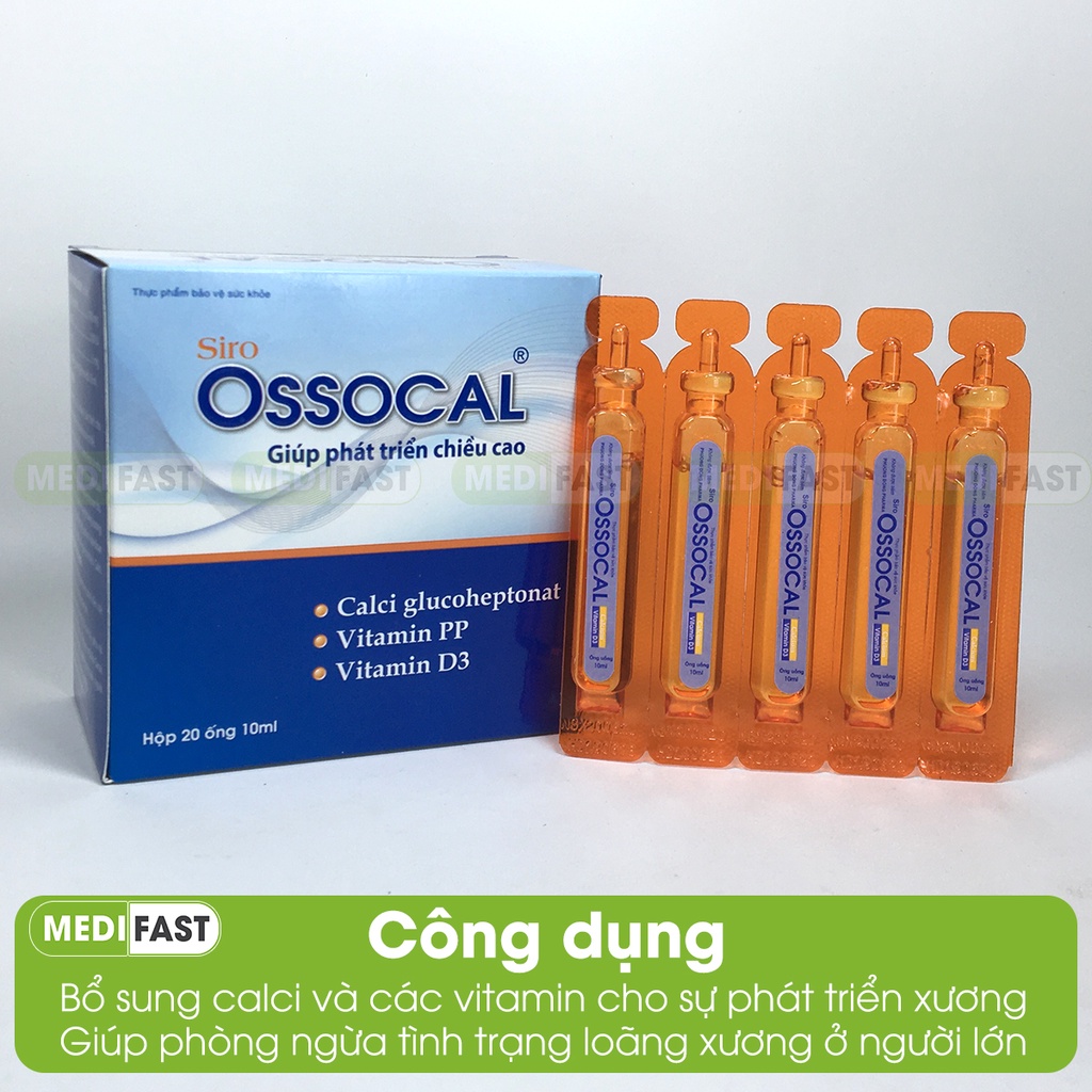 Siro Ossocal - Bổ sung canxi hữu cơ và D3 cho mẹ bầu, sau sinh và trẻ nhỏ, tăng chiều cao tuổi dậy thì hộp 20 ống