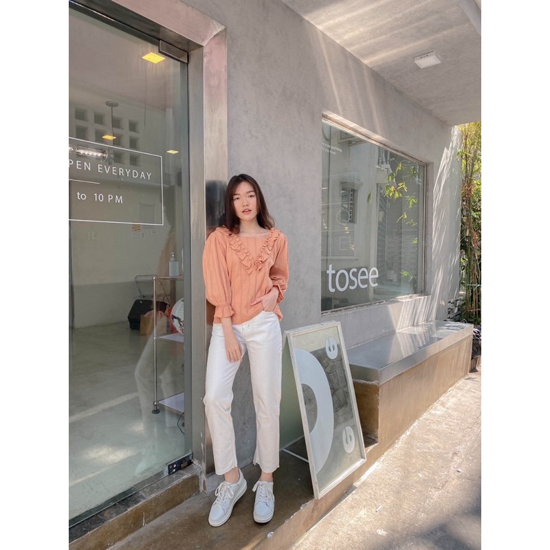 Quần jean baggy nữ, baggy jean trắng chỉ nổi, LUCETFASHION, quần bò nữ