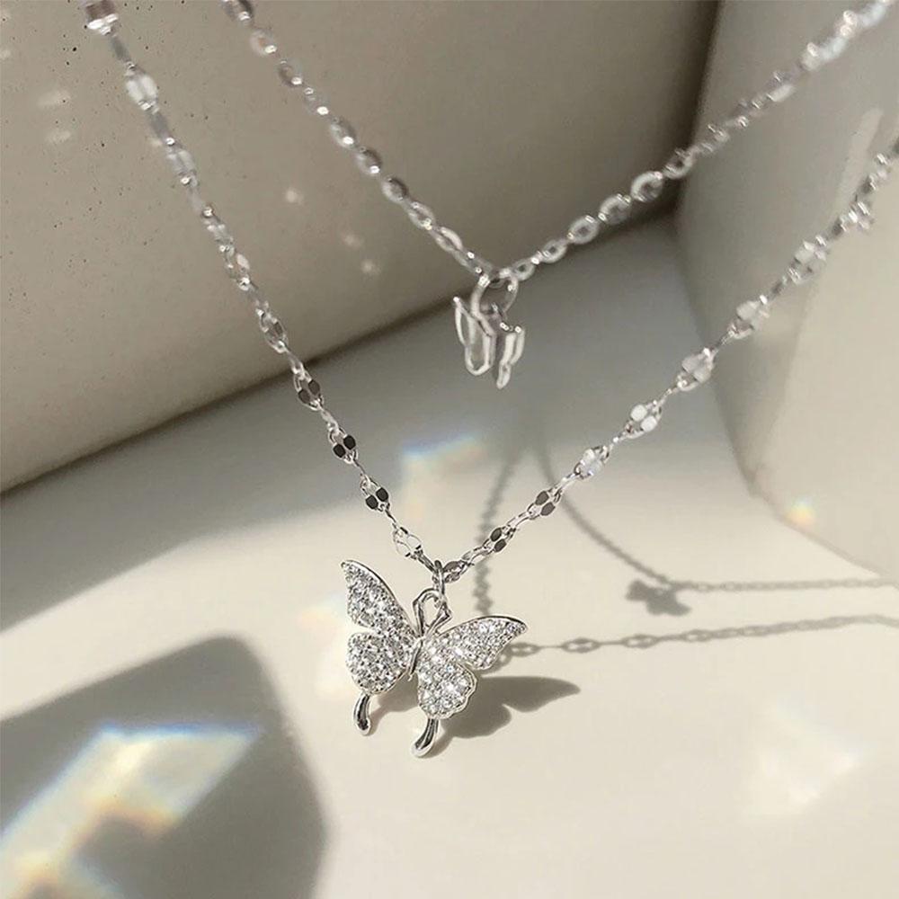 Vòng Cổ Choker Hai Lớp Mặt Bướm Đính Đá CZ Lấp Lánh