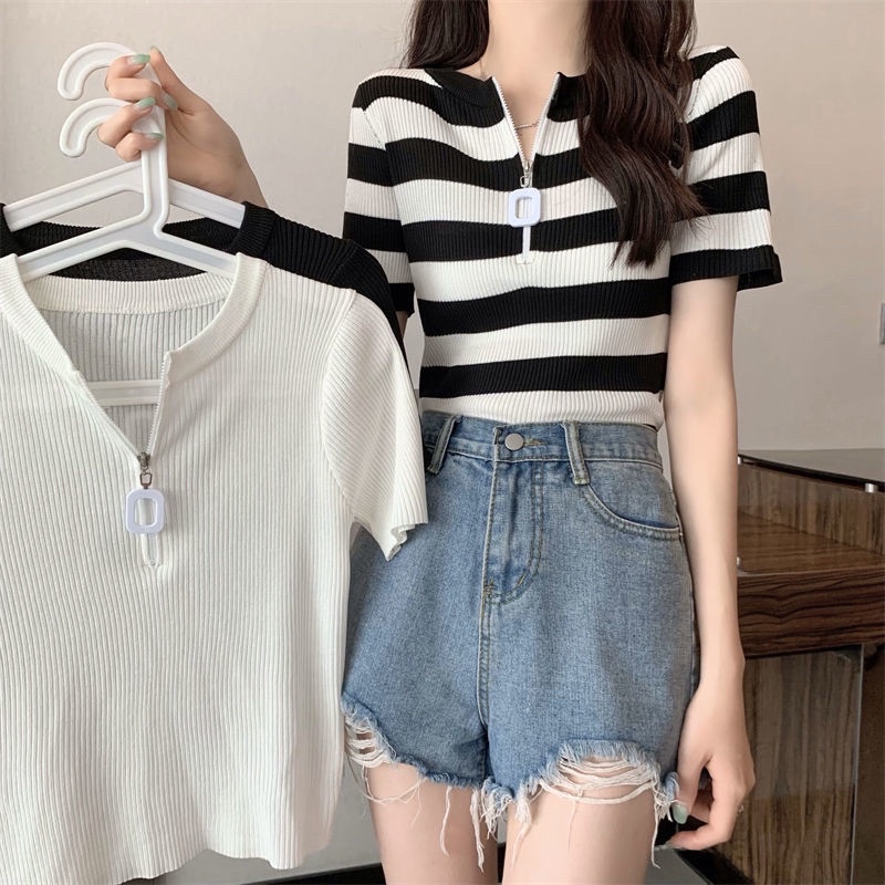 59110. ÁO LEN KHOÁ NGỰC TAY NGẮN