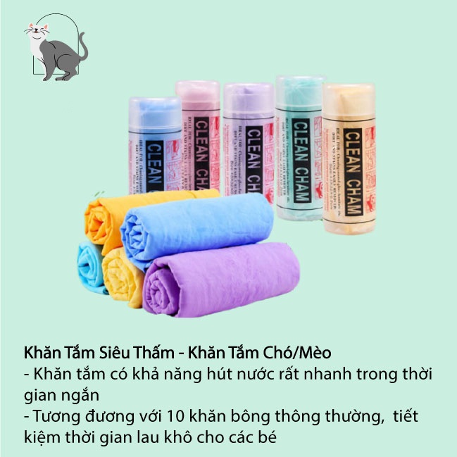 Khăn tắm siêu thấm hút chó mèo CLEAN CHAN, thấm hút nhanh, vắt là khô không cần phơi tiết kiệm thời gian sấy