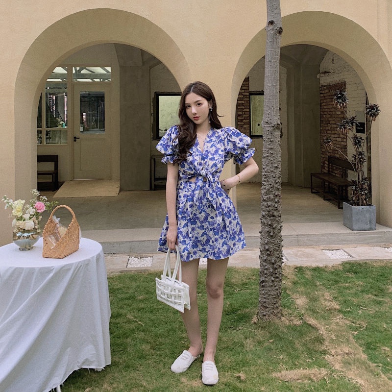 Đầm Hoa Cổ Chữ V Thiết Kế Mới Xinh Xắn Thời Trang Mùa Hè Theo Phong Cách Pháp Cho Nữ
