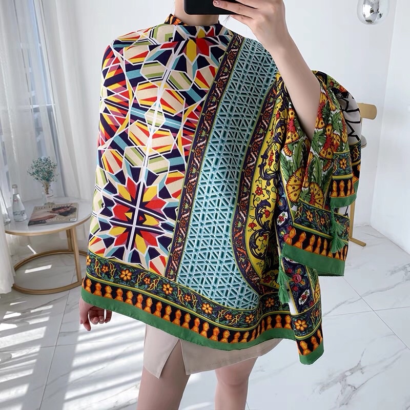 Khăn Quàng Đi Biển Boho Vintage Hoạ Tiết Xanh Nhẹ Nhàng Che Nắng Tốt