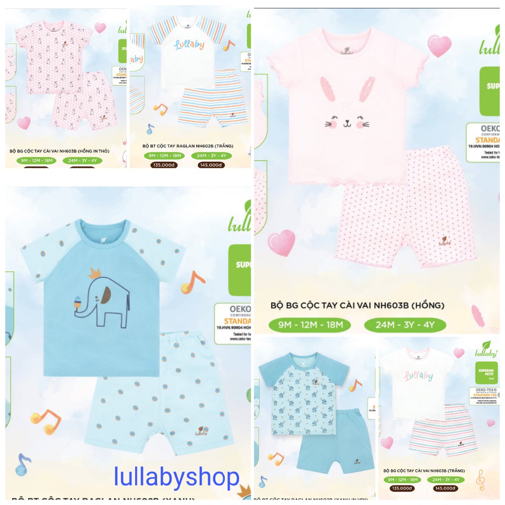 Bộ cộc tay Lullaby, bộ cài vai peptit bé trai, bé gái 0-4 tuổi cao cấp