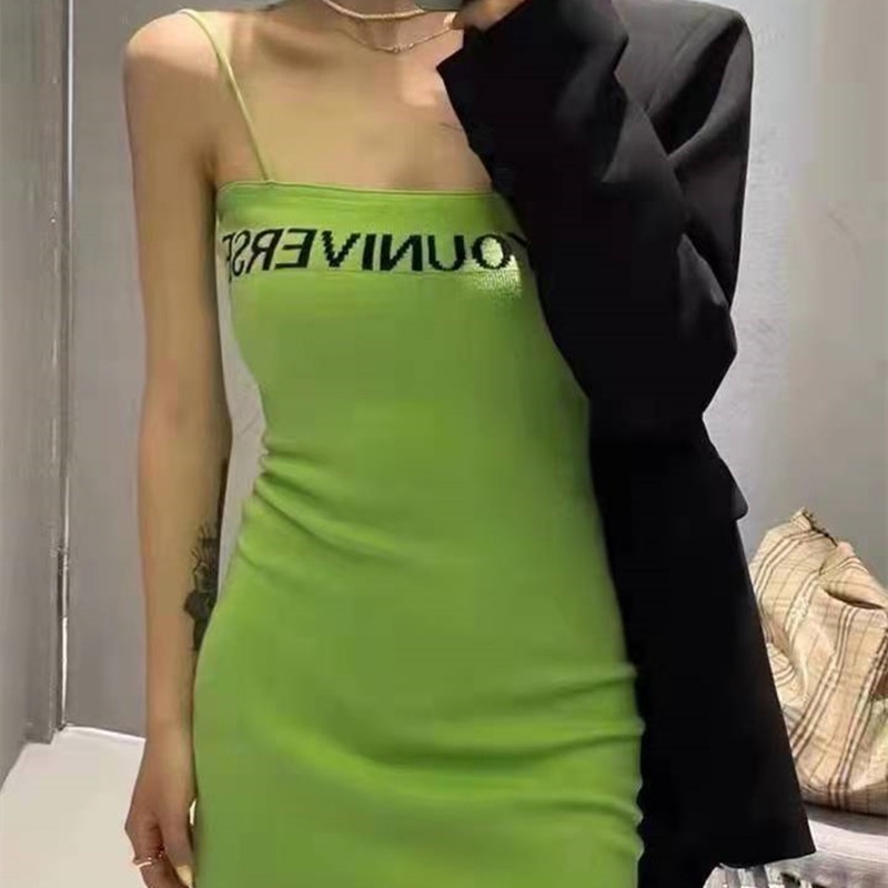 DUNEA Đầm Dệt Kim Hai Dây In Chữ Cho Nữ