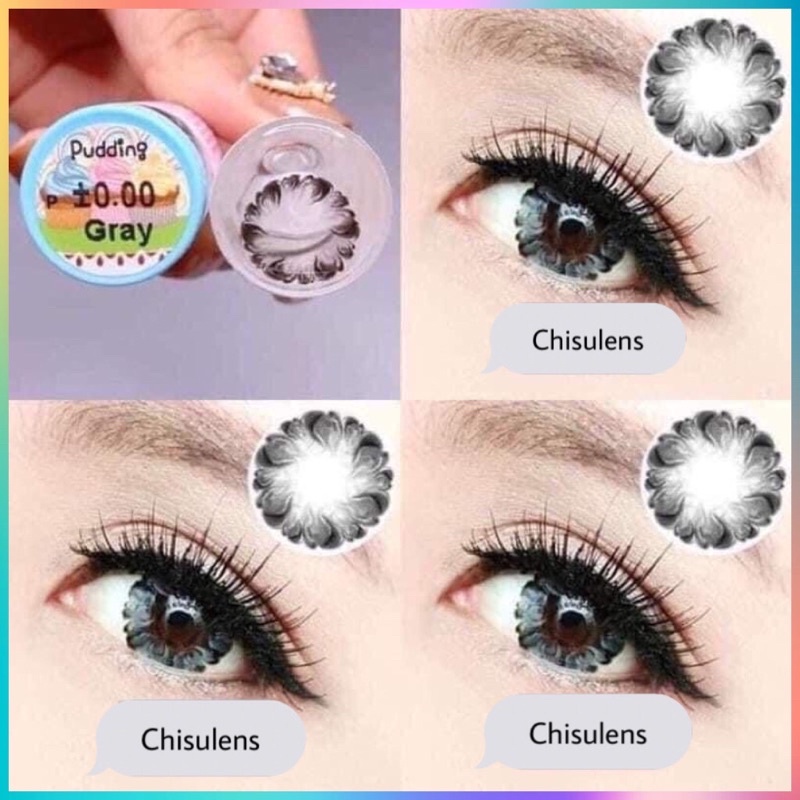 Lens mắt (kính áp tròng) xám đen hoạ tiết hoa Pudding gray lén giãn to sử dụng 1 năm