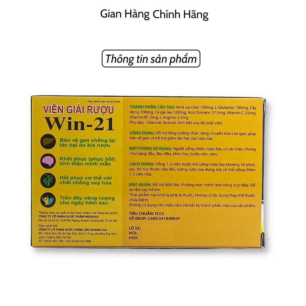 Hộp Viên Giải Rượu Win 21 - Tự Tin Hơn Khi Uống Rượu - Không Đau Đầu Khi Uống Say - 1 Hộp 4 Viên