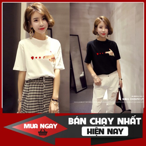 ÁO THUN NỮ TAY NGẮN THÊU HÌNH TAY BẮN TIM HOT TREND HÀN QUỐC MẪU MỚI PFY2A