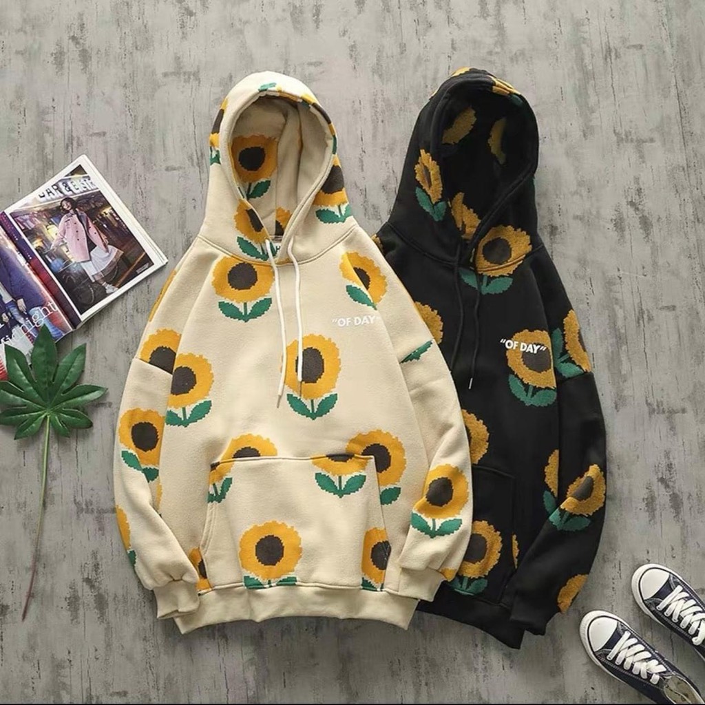 Áo Hoodie in hình hoa cúc vàng 2 màu đen be cực đẹp