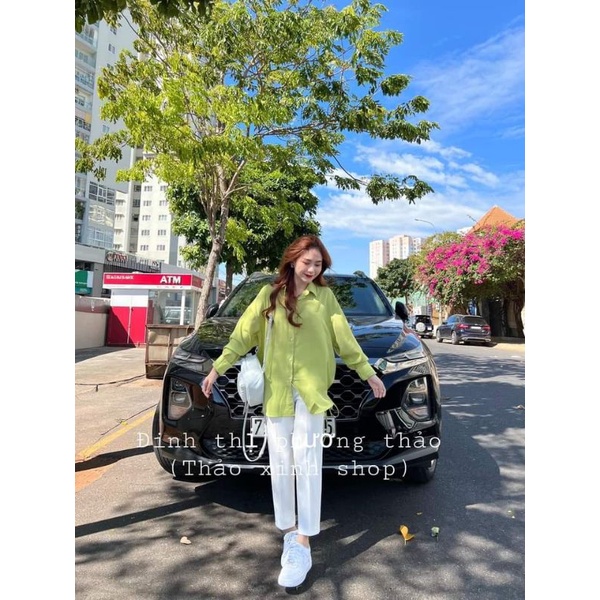 SET ÁO SƠ MI XANH BƠ THẮT NƠ DÂY RÚT MIX QUẦN  ĐŨI TRẮNG