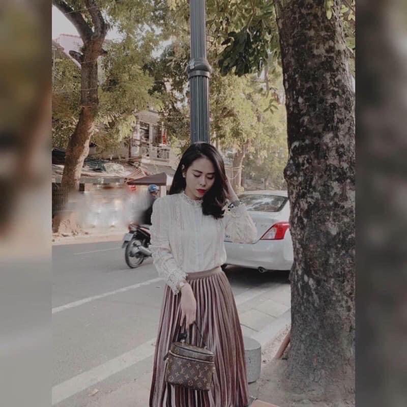 Chân váy nhung lưới xếp ly mặc 2 kiểu