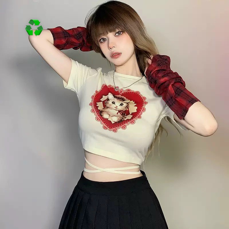 Áo thun nữ tay ngắn dáng croptop phối dây buộc lưng in họa tiết mèo trái tim hot 42