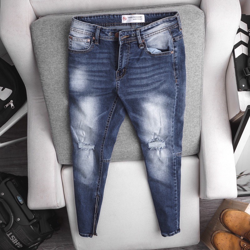 Quần jean nam dáng ôm skinny rách gối zipper chất cao cấp