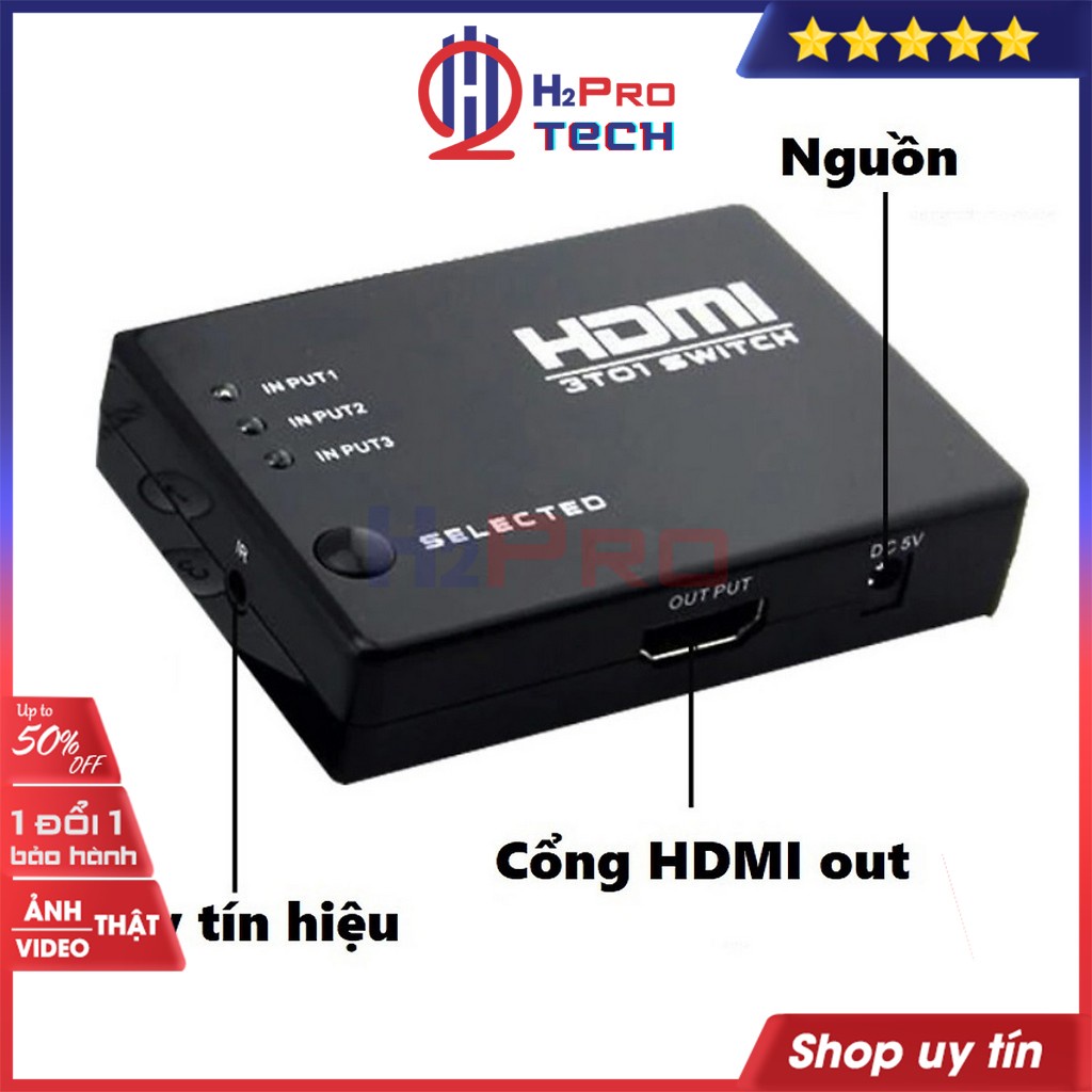 Bộ gộp HDMI 3 vào 1 ra, hdmi 3 in 1 out cao cấp, chất lượng cao 2K-4K, có điều khiển, tặng dây IR hồng ngoại-H2pro tech
