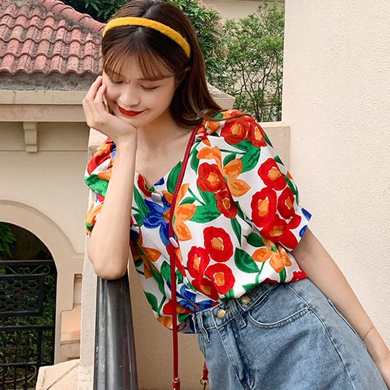 Áo Kiểu Tay Ngắn Hoạ Tiết In Thiết Kế Dáng Rộng Che Khuyết Điểm | BigBuy360 - bigbuy360.vn