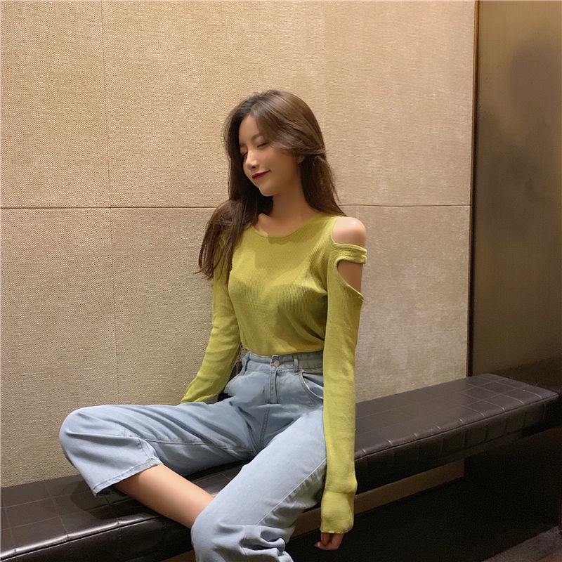 COZOK Áo thun dệt kim tay dài màu sắc đơn giản thời trang cho nữ