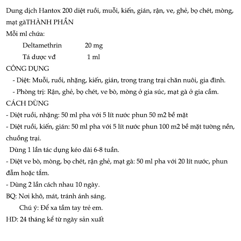 Thuốc diệt muỗi, diệt ruồi, diệt ve cho chó, thú nuôi Hantox 200 50ml, thuốc xịt muỗi, xịt ruồi trong nhà và chuồng trại