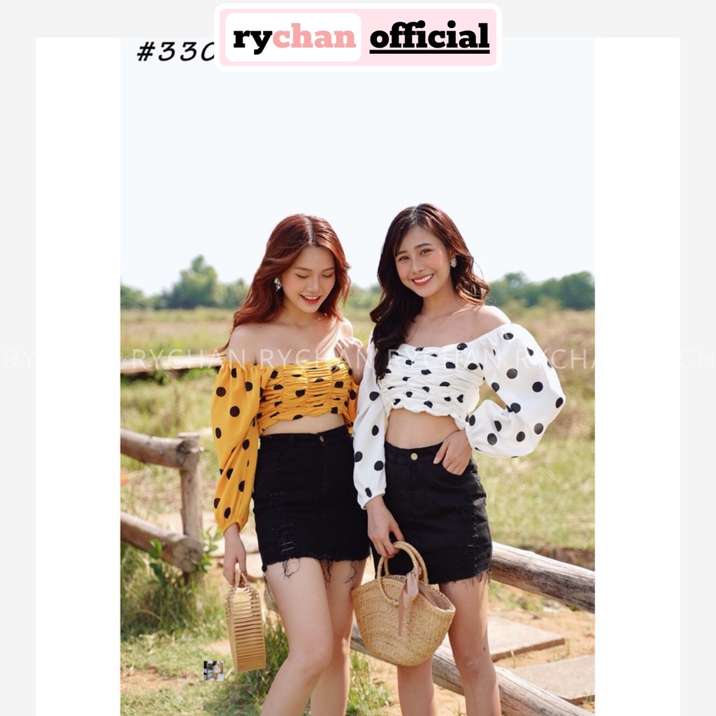 CR827 - Áo Croptop Bi Nhún Tay Phồng Nhiều Màu Kèm Hình Thật