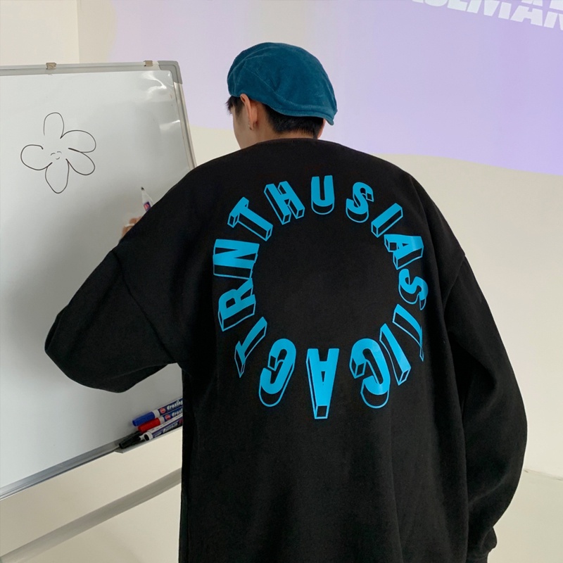 Áo thun tay dài cổ tròn in chữ dáng rộng phong cách hip hop thời trang mùa thu size M-3XL cho nam