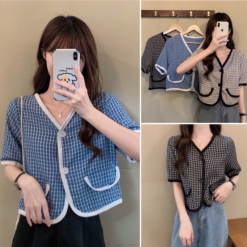 [SẴN] Áo kẻ sọc croptop 2 khuy cổ V vintage sang chảnh mát mẻ (ảnh thật ở cuối) | BigBuy360 - bigbuy360.vn