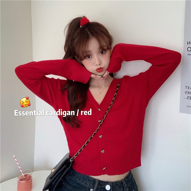 622256#Áo Khoác Cardigan Dệt Kim Cổ Chữ v Màu Đỏ Thời Trang Mùa Thu Mới 2022 Cho Nữ