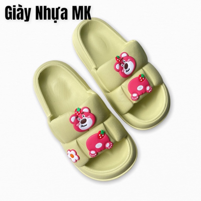 Dép bánh mỳ nữ quai ngang ô vuông đính sticker gấu hồng siêu cute mang êm chân siêu mềm siêu bền - DL160