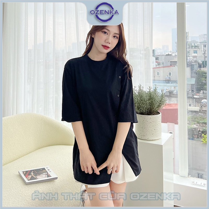 Áo phông nữ form rộng tay lỡ oversize sẻ tà ozenka , áo thun nữ cổ tròn chất cotton 100% màu đen trắng