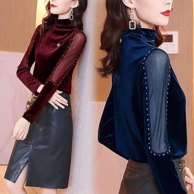 Áo Thun Tay Dài Cổ Lọ Vải Nhung Phối Lưới Màu Đen Đính Hạt Thời Trang Mùa Thu Cho Bạn Gái