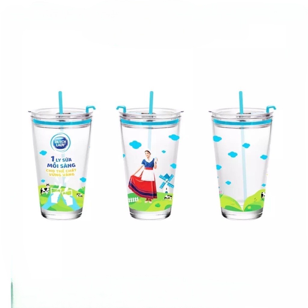 Ly Thuỷ Tinh Có Nắp Đậy Kèm Ống Hút Dutch Lady 500ml