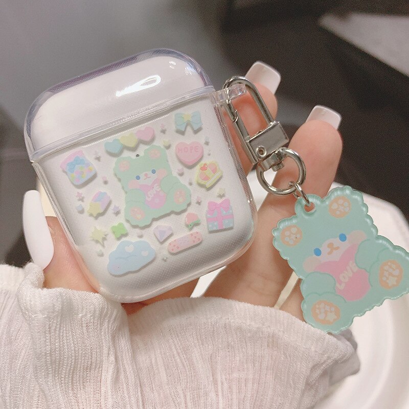 Vỏ Bảo Vệ Hộp Sạc Tai Nghe airpods2 Hình Gấu Xanh Lá Có Dây Đeo Dễ Thương Cho Thế Hệ