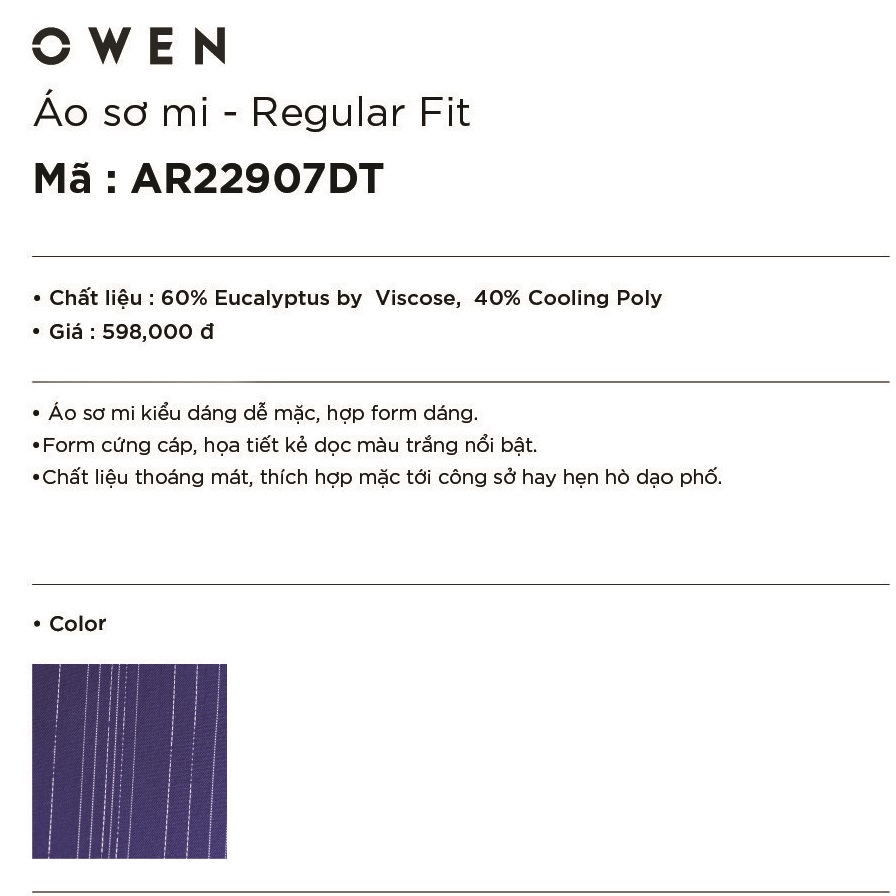 Áo Sơ Mi Nam Tay Dài Owen AR22907DT Dáng Regular Fit Vải Sợi Bạch Đàn Màu Kẻ Sọc Trắng Nền Xanh