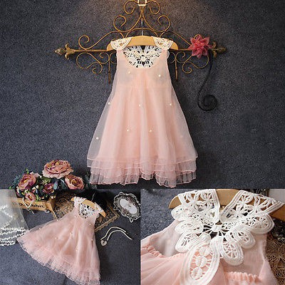 ❤XZQ-Baby Girls Princess Party Dress Pearl Lace Flower Casual Dress Sundress 2-8Y