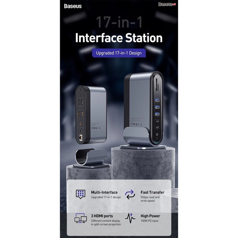 Hub chuyển đa năng Baseus Working Station Three-Screen Multifunctional Type-C HUB Adapter 17 in 1