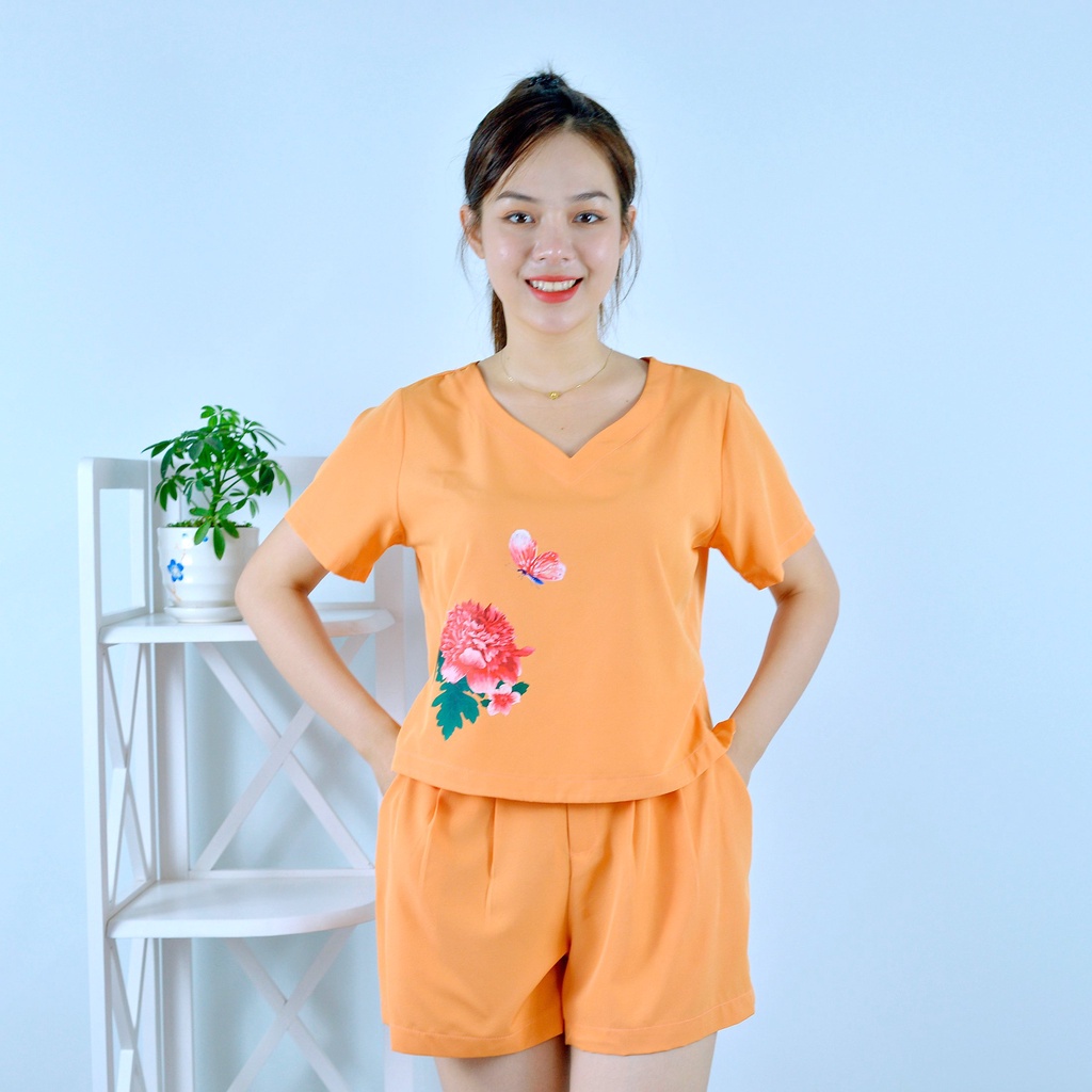 Bộ đồ nữ MÀU VÀNG CAM IN HOA CỰC XINH  - vải lụa cao cấp - Lịch sự - Quý phái