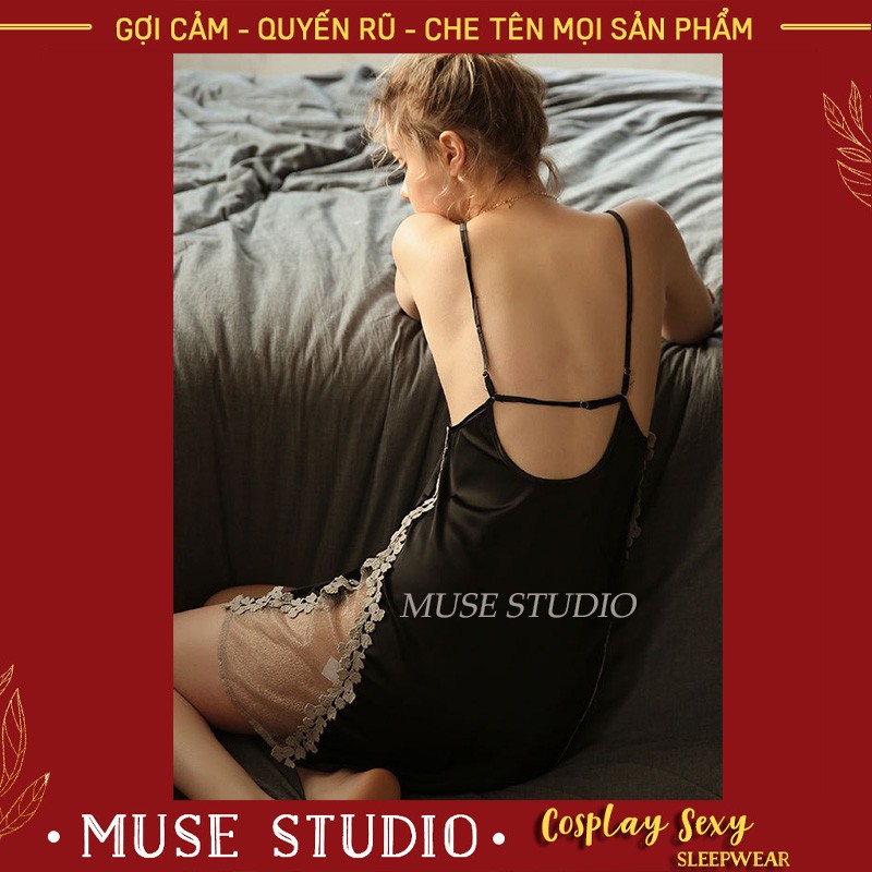 Váy đầm ngủ sexy vải lụa phi bóng phối ren ngực và hai bên đùi quyến rũ