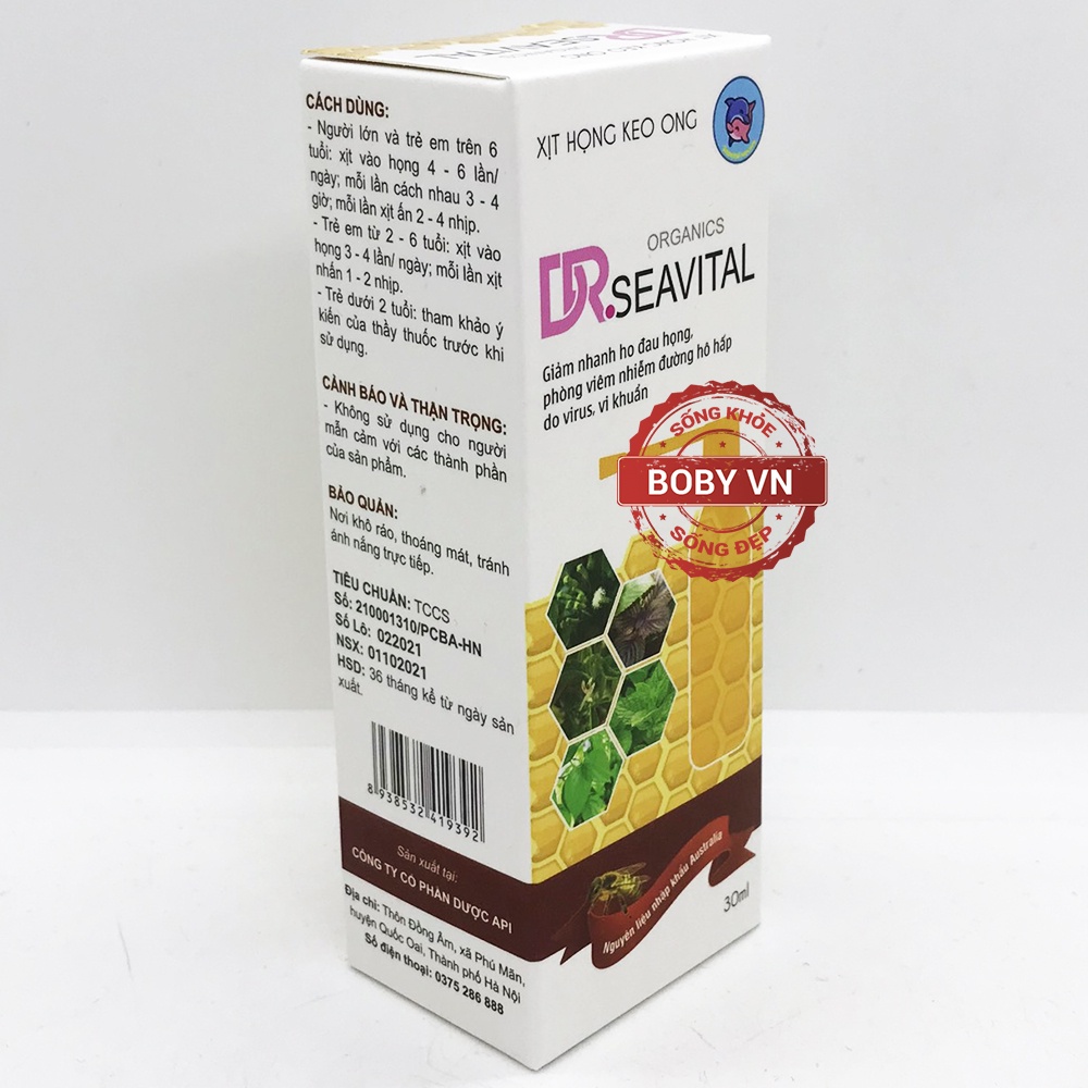 Xịt họng keo ong Dr.Seavital giảm ho đau họng, phòng viêm nhiễm đường hô hấp do virus, vi khuẩn - 30ml - Boby