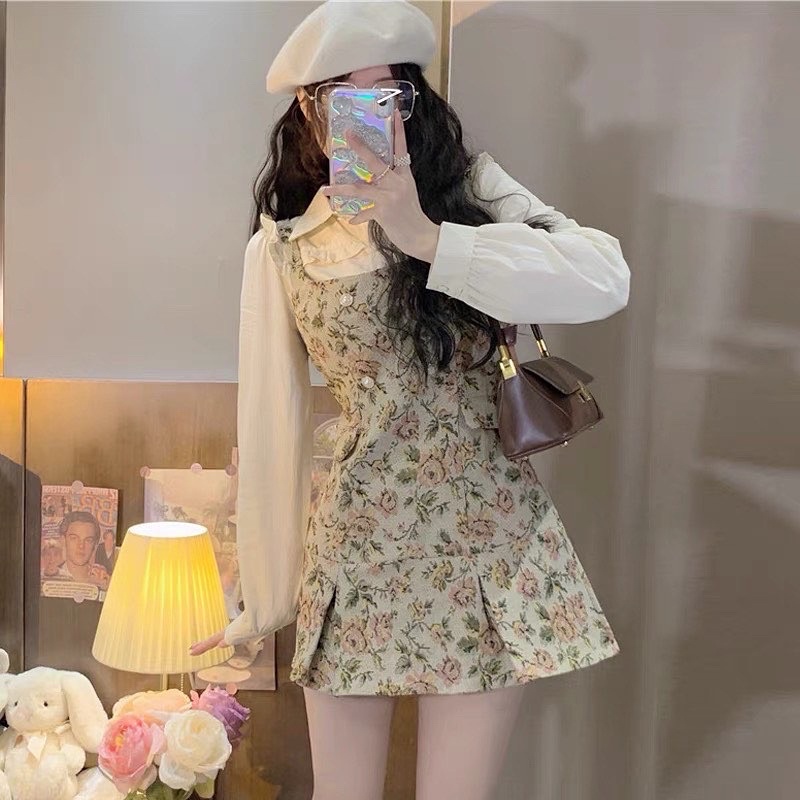 Váy liền giả set hoạ tiết hoa vintage