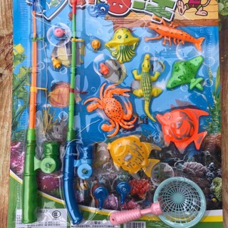 Bộ đồ chơi câu cá gồm 2 cần có nam châm 1 vợt & 8 con cá nhiều màu xinh xắn