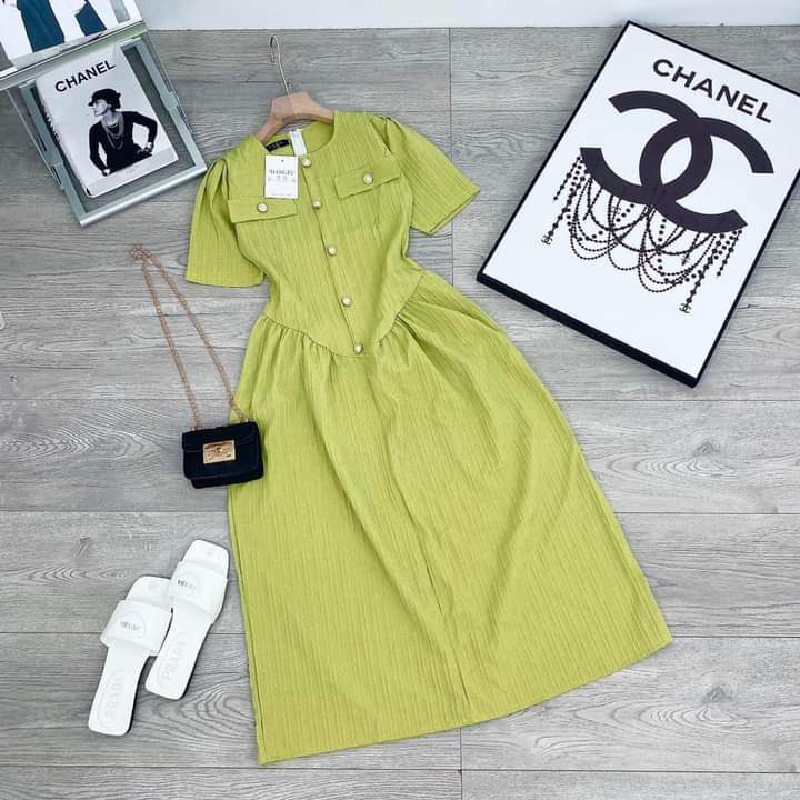 : Váy li cúc nhún eo 2 form màu xanh cốm cúc đồng kẻm ảnh thật trải sàn LOLLA FASHION