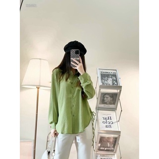 Set áo sơ mi xanh bơ thắt nơ kèm quần baggy trắng