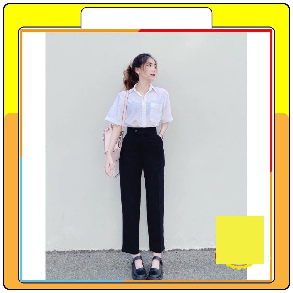 Quần vải nữ cạp cao khuy lệch , quần baggy vải chất tuyết mưa siêu đẹp Queenshop