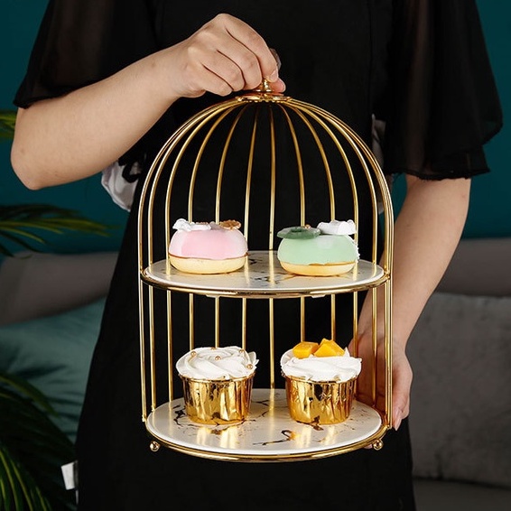 Khay bánh lồng chim đĩa sứ vân đá vàng mạ chrome trưng bày, trang trí bàn tiệc