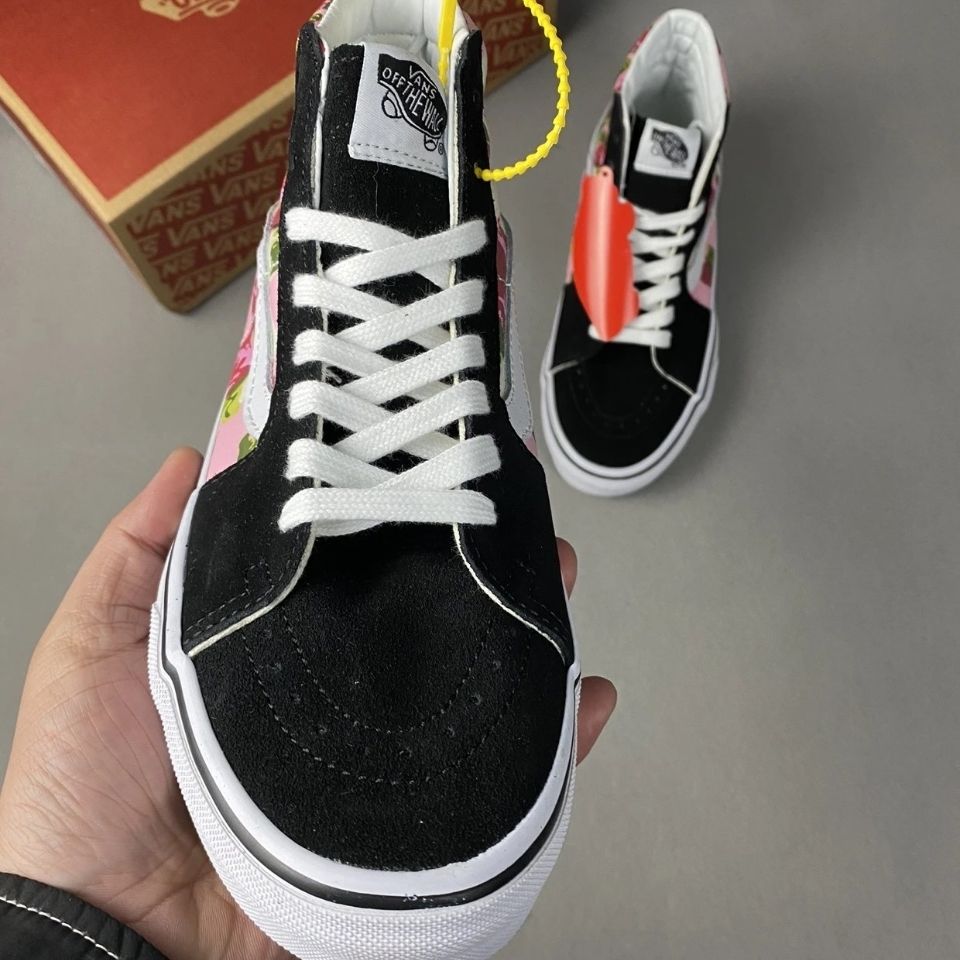 VANS Giày Thể Thao Canvas Cổ Cao Thêu Hoa Hồng Thời Trang Cho Cặp Đôi