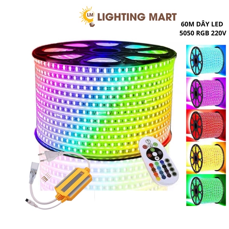Combo 60 Mét đèn Led dây đổi màu 5050 RGB 220V + 3 bộ nguồn remote