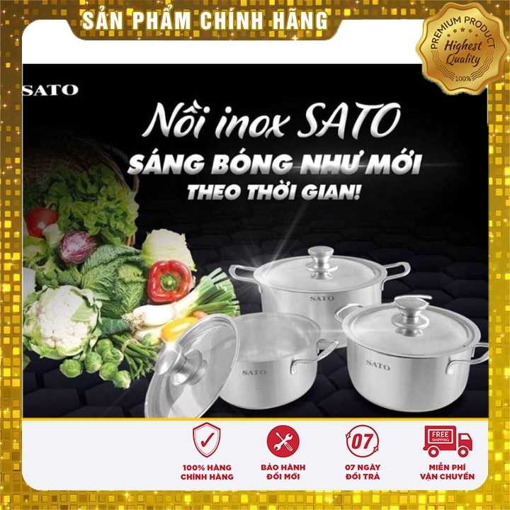 Bộ Nồi Inox 3 Đáy SATO ST BI322 BH 12TH,Chất Liệu Inox201 Siêu Bền Và An Toàn Cho Sức Khoẻ, Mua kèm bếp điện từ giảm sốc