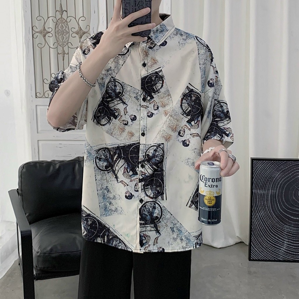 [Mã FAMAYMA2 giảm 10K đơn 50K] Áo sơ mi ngắn tay form rộng chất vải voan lụa cao cấp in hình họa tiết lịch lãm | BigBuy360 - bigbuy360.vn