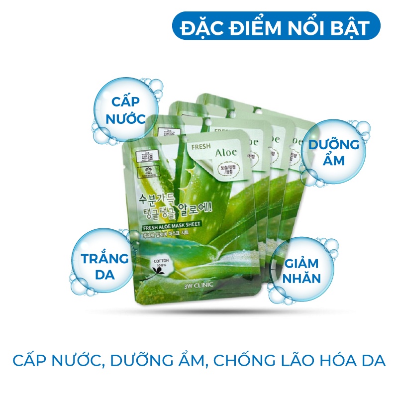 Combo 10 Túi mặt nạ giấy dưỡng ẩm -Mặt nạ dưỡng da chiết xuất từ lô hội 3W Clinic Hàn Quốc [Hàng Nhập Khẩu]