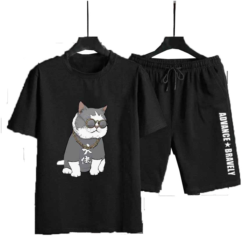 Bộ thể thao nam nữ Unisex  𝐅𝐫𝐞𝐞𝐬𝐡𝐢𝐩  Set mặc nhà gồm Áo thun mè tay ngắn và Quần short hình in mèo kính dễ thương