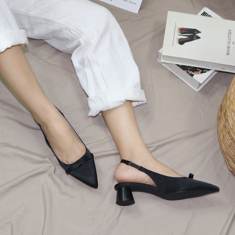 Giày cao gót nữ [FREESHIP] giày slingback mũi nhọn nơ 3cm có thêm bigsize 40 41 42 cho nàng ngoại cỡ