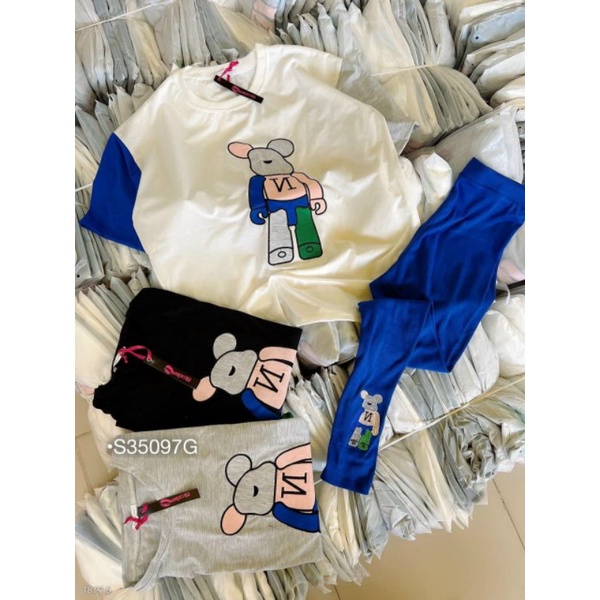 Set Bộ Dài Nữ Hoạt Hình, Set Áo Thun Gấu Form Rộng Tay Phối Màu Quần Legging Dài Cotton Co Dãn 3 Màu